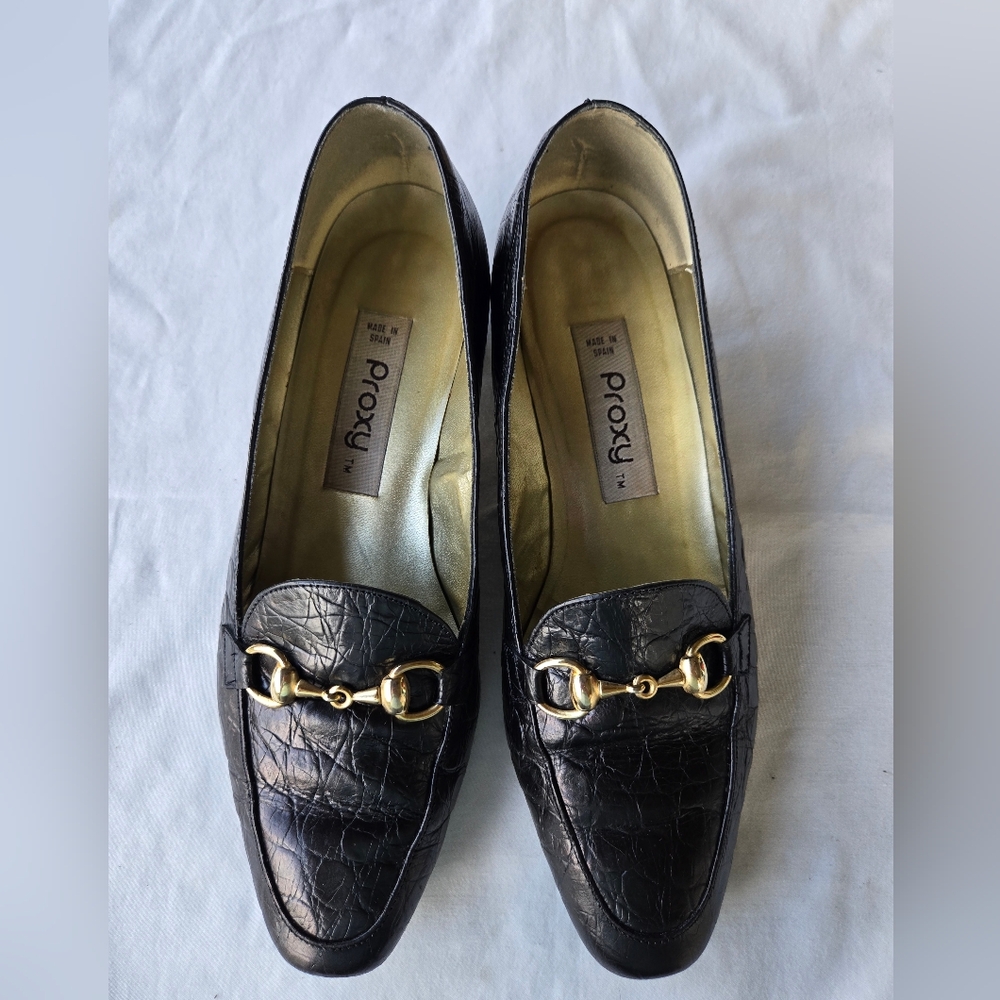 Vintage Proxy Black Croc-Embossed Leather Horsebit Loafers - Size 9M